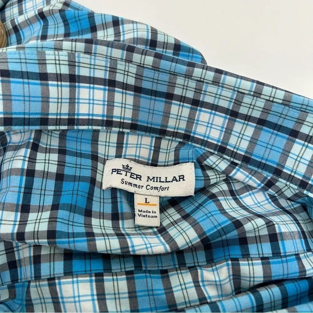 Peter Millar Summer Comfort Polyester Blue‎ Plaid Long Sleeved Size Large